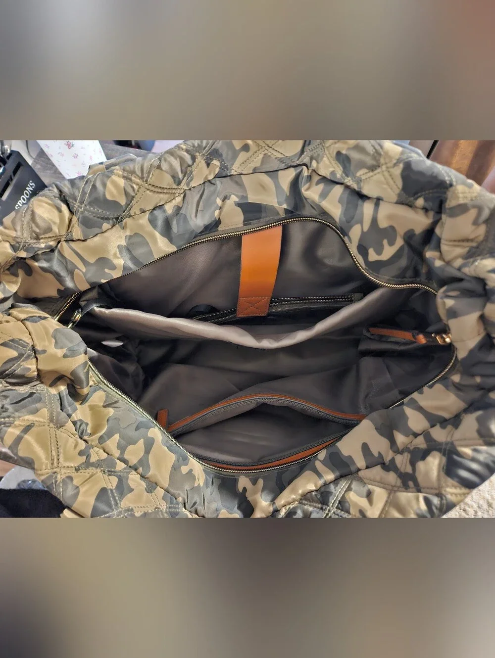Joan & David Camo Quilted Duffel Bag - Green/Brown